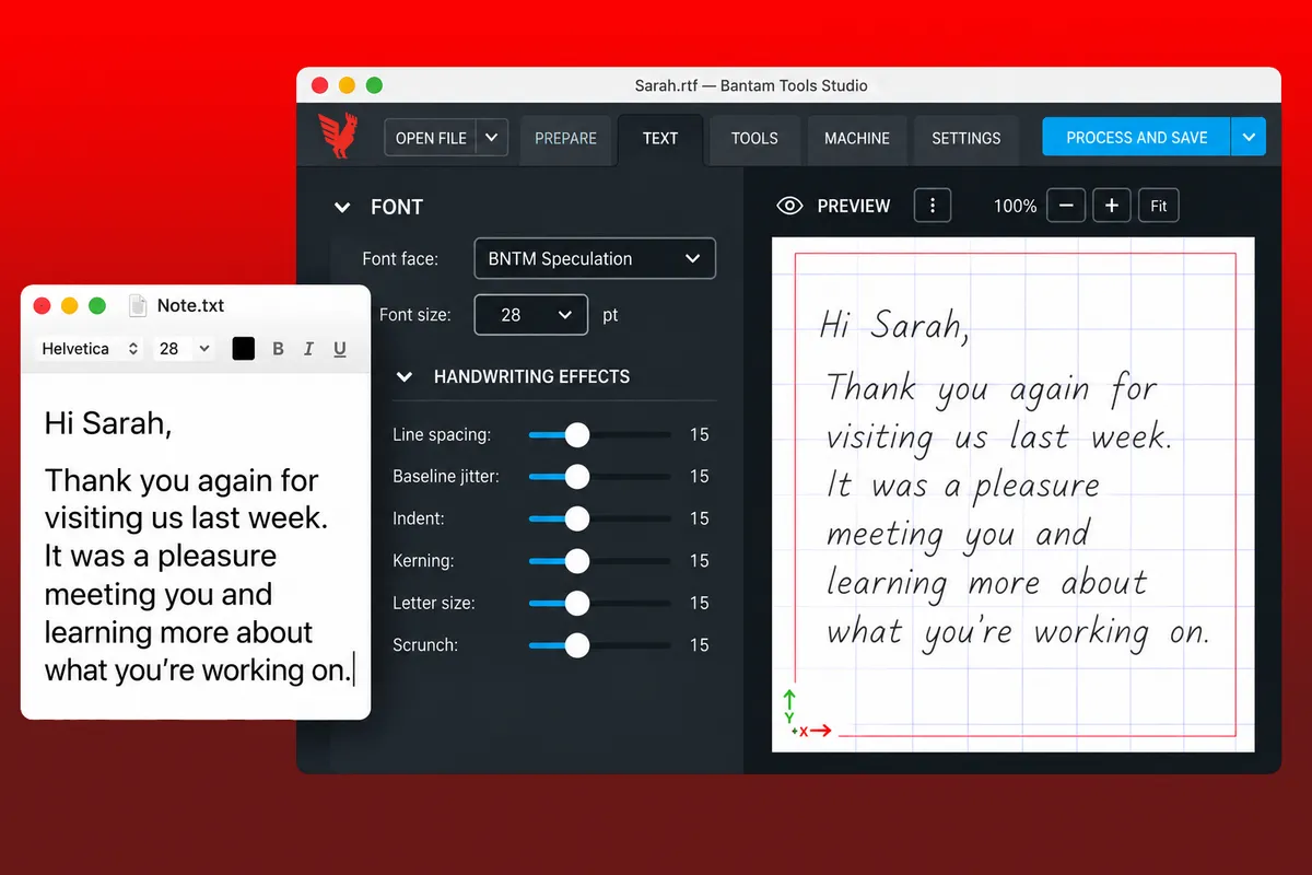A typed note beside its handwriting preview and text settings in Bantam Tools Studio™