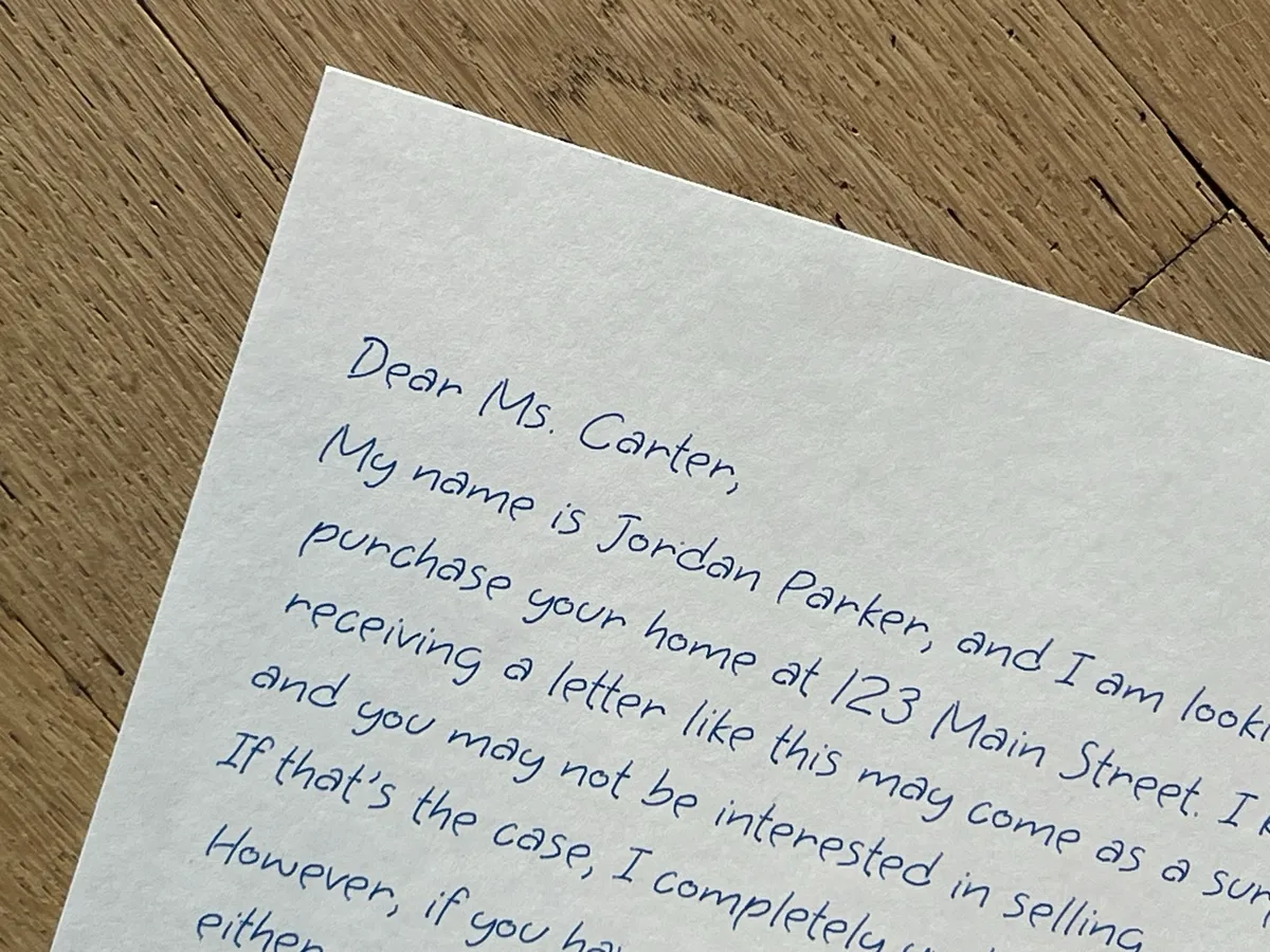 Close-up of a handwritten real estate prospecting letter in blue ink on a wooden table