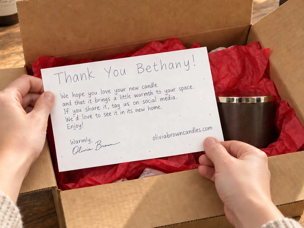 Handwritten thank-you note lifted out of a shipping box with a candle inside